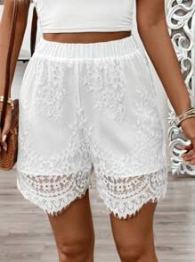 SHEIN Clasi Shorts elegantes de encaje blanco para mujer, moda de verano - Blanco - Ver 3