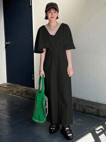 FRIFUL 女士休閒純色蝙蝠袖牛仔連身褲，春夏必備