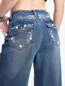 ROMWE Grunge Punk Star Wing Vine Embroidered Rhinestone Wide Leg Jeans For Women - Blue - View 2