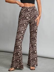 SHEIN Tall Leopard Print Knit Women's Flared Trousers - Brown - View 2