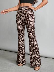 SHEIN Tall Leopard Print Knit Women's Flared Trousers - Brown - View 5