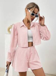 SHEIN Essnce 女士条纹衬衫+短裤两件套，商务装 - 淺粉色 - 查看 6