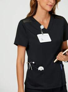 TaskEZ Shein Essnce Women Nurse Uniform Scrubs Summer Solid Color V-Neck Top With Pockets And Short Pants Uniform Set