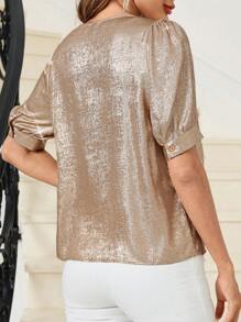 SHEIN Clasi 珍珠飾領，鑰匙孔領口，褶皺細節，泡泡袖襯衫 - 金色 - 查看 2