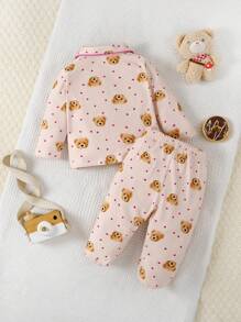 SHEIN 嬰女可愛深杏仁熊印花長袖針織開襟毛衣連長褲，休閒2件套家居服裝 - 彩色 - 查看 2