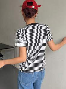 DAZY 女士條紋印花圓領短袖休閒T恤，夏季 - 黑色 - 查看 2