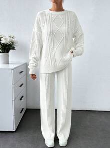 EURMUSE Cable Pattern Sweater And Pant Knitwear Set Casual - White - View 4