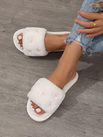 Pantuflas de mujer con bordado de lazo para otoño/invierno, pantuflas de interior mullidas para todas las estaciones, pantuflas planas de mujer de una correa, pantuflas para el piso del hogar