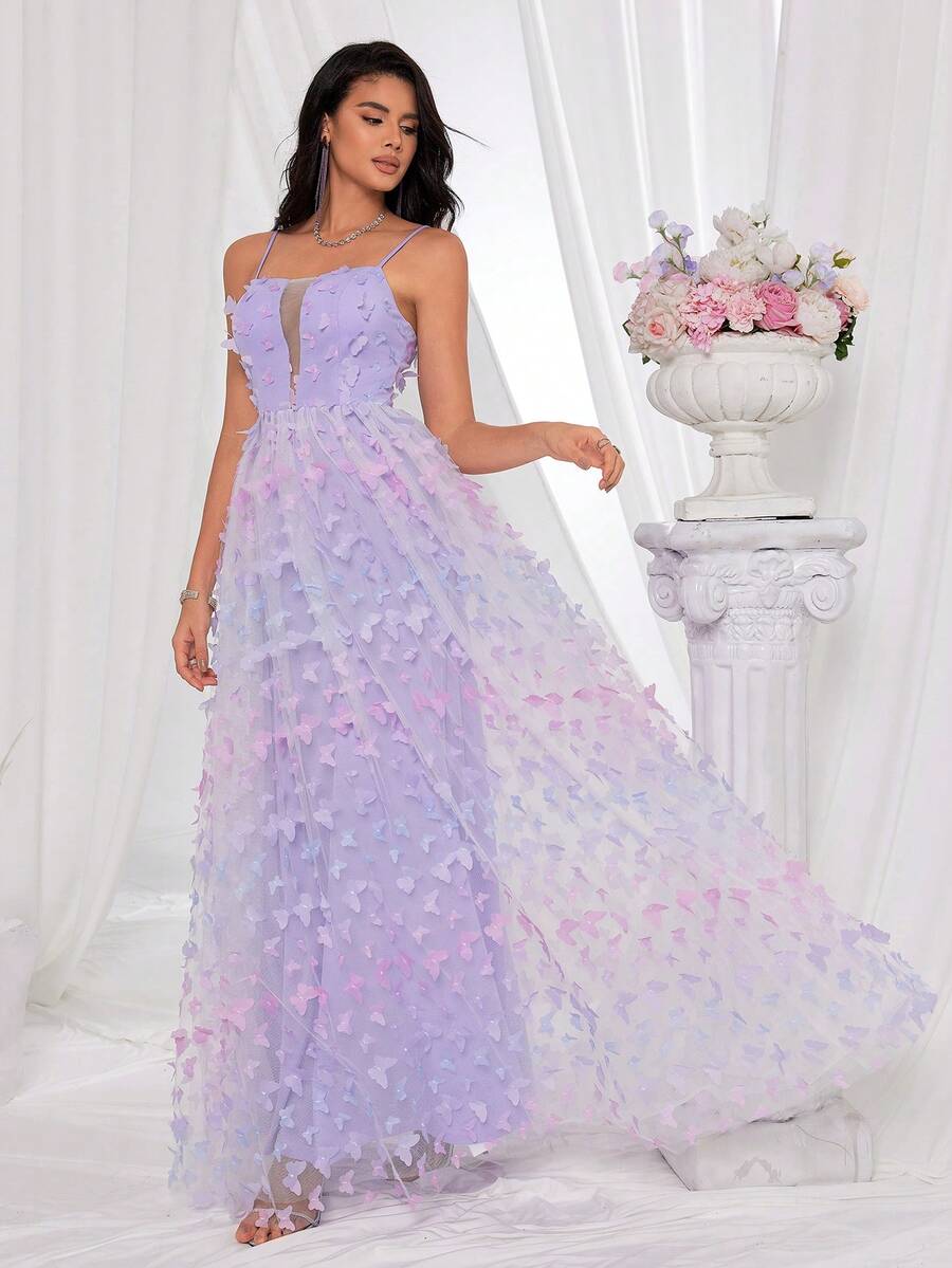 Purple Elegant And Graceful Mesh Formal Dress With Spaghetti Straps - Purple - View 1