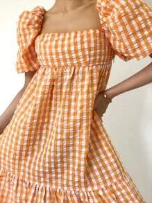 SHEIN Essnce Nữ Kẻ Sọc Nhiều Màu Sắc Tay Phồng Mùa Hè Hawaii Đầm Flowy Đầm Nước Đầm Phụ Nữ Mùa Hè Áo Bông Kẻ Đầm - trái cam - Xem 5