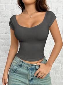 SHEIN EZwear 灰色針織修身短袖T卹女裝，大圓領，夏季 - 灰色 - 查看 5