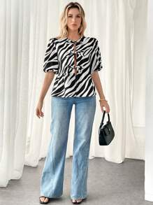 SHEIN Essnce Black And White Zebra Animal Print Bow Tie Women's Blouse 2024, Loose Solid Color Puff Sleeve Pleated Shirt Tops, New Arrivals In Spring Summer Shirt Tie Front