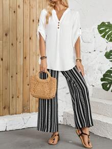 EMERY ROSE 女士夏季長袖襯衫和條紋褲套裝