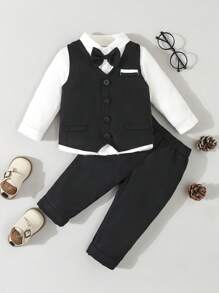 SHEIN 2pcs Baby Boy Formal Wear Set Including Single Breasted Vest And Pants, Shirt Not Included - Black - View 9