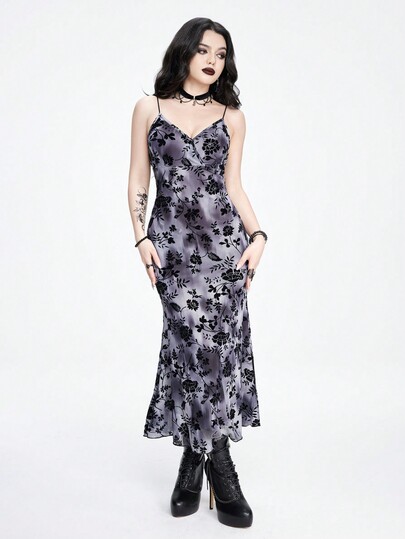 Goth Sexy And Elegant Tie Dye Tie-Dye Full Lace Flower Flocking Cami Dress For Women