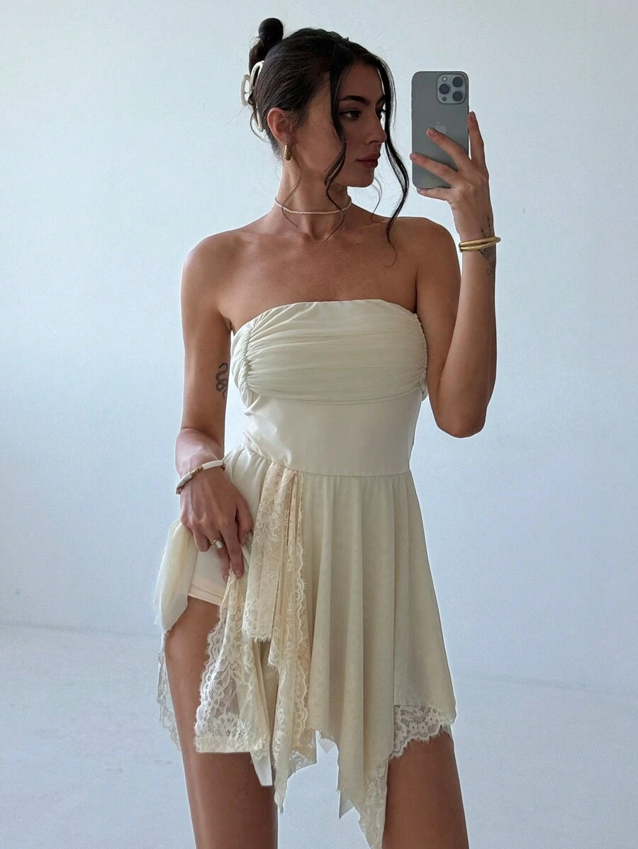 Aloruh Robe courte romantique et ajustée dos nu de couleur abricot avec ourlet en forme de parapluie pour des rendez-vous au printemps et en été pour femmes