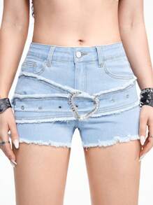 ROMWE Kawaii Women's Frayed Hem Casual Denim Shorts With Eyelet Decoration On Pockets