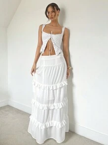 SHEIN Essnce Women's Spring/Summer Fashion Layered Ruffle Hem White Skirt - White - View 1