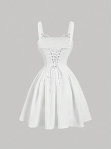 SHEIN MOD Women's Summer Casual White Strap Adjustable Dress,Bubble Dress, Women's Milkmaid Dress,White Summer Dress,Short Dress Back To School Clothes,Bridgerton Style Dress, Back To School Clothes Bridal Shower Dress - White - View 2