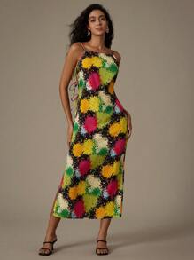 SHEIN Privé Random Printed Sexy Vacation Bodycon High Slit Tie Strap Cami Dress - Multicolor - View 5