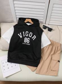 SHEIN 適合青少年男孩的加大碼3入組連帽背心，短袖T卹和短褲套裝，印有字母圖案 - 藍色 - 查看 5