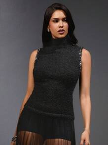 Hauture Rhinestone Trim Sleeveless High Neck Top - Grey - View 3