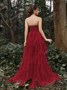 Faeriesty Mesh Overlay Hem Split Thigh Tube Formal Dress Party Dress Wedding Guest Dress Evening Dress,Gown