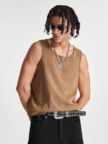 Manfinity VCAY Men's Loose Knitted Acid-Washed Sleeveless Sweater, American Street Fashion For Summer - Khaki - View 1