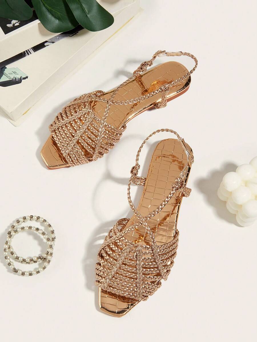 香檳色手工編織扁平鞋，帶有石紋圖案，設計有編織帶和拼接設計，女士時尚涼鞋，隨機編織圖案和石紋圖案 - 香檳色 - 查看 1