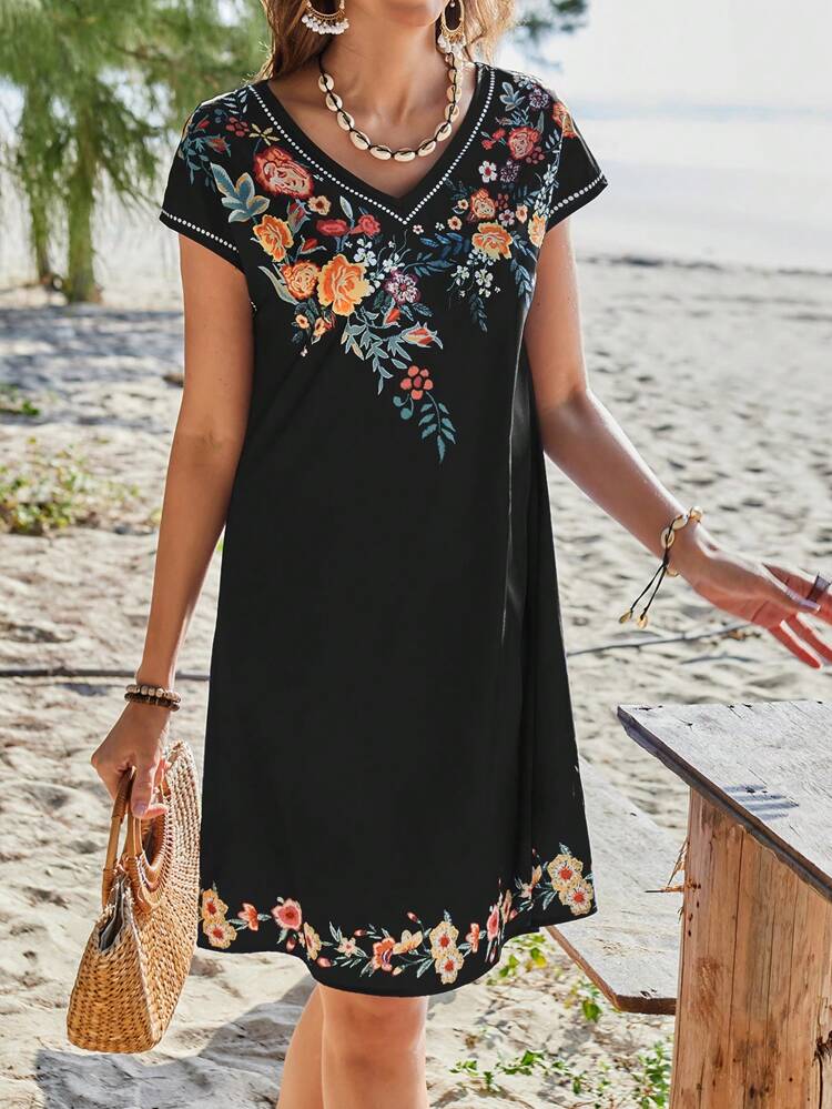 Vestido Feminino de Manga Curta com Estampa de Colarinho Azul, Férias na Ilha de Verão