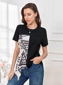 女式夏季幾何圖案短袖圓領不對稱下擺休閒T恤 - 黑色 - 查看 4