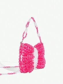 SHEIN ICON Fashionable Women's Sweet & Cool Girl Bow-Shaped Beaded Tote & Crossbody Bag, Suitable For Ladies, Women, Dates, Birthdays, Date Night, Woven Bag, Y2K Style, Fun, Cute, Perfect For Teenagers - Pink - View 3