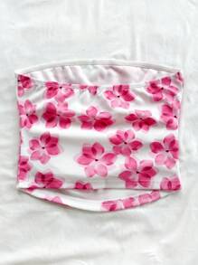 Soleia 女性專用粉色水彩花紋針織紋理彈性無肩帶無背心浪漫休閒度假上衣 - 粉色 - 查看 2