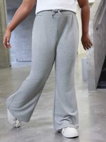 SHEIN Tween 女童加大码休闲春夏纯色针织喇叭裤 - 灰色 - 查看 4