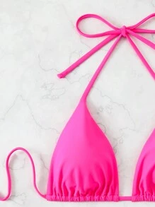 Swim Vcay 3入組女士純色沙灘服套裝，露背綁領性感比基尼分體，夏日沙灘必備 - 玫紅色 - 查看 4