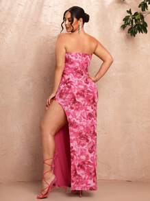 SHEIN BAE 花卉交錯層次荷葉邊露肩長禮服，浪漫優雅，適用於夏季派對、約會和度假，婚禮賓客禮服