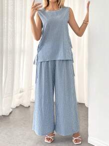 SHEIN Essnce Bộ áo vest kẻ sọc xanh trắng và quần dài thường ngày, thoáng khí, thấm mồ hôi, thấm hút mồ hôi, trang phục sân bay - Màu xanh lam - Xem 7