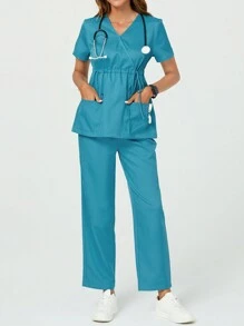 TaskEZ 帶口袋和褲子的束口V領純色短袖上衣組套裝 - 藍色 - 查看 10