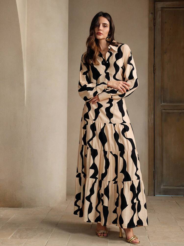 Fashionable Geometric Print Coffee Brown Skirt With Personalized Splicing And High Waist Design