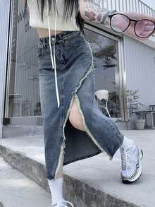 Rok Mini Denim Belahan Berumbai Bergaya Vintage, Musim Semi/Panas - Medium Wash - View 3