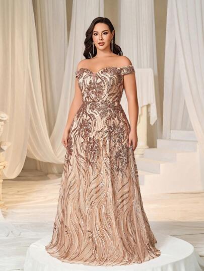 Plus Off Shoulder Sweetheart Neck Sequin Prom Dress