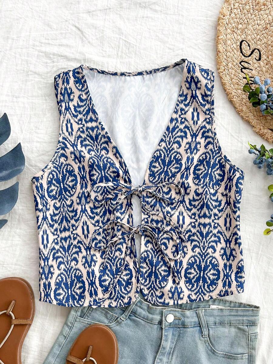 Soleia 无袖蓝白系带上衣，度假的完美选择，女式波西米亚风 V 领常规版型蓝白全印花，花卉，女式上衣，春季/秋季，休闲日常穿着