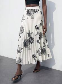 Maija Women's Ocean Themed B&W Graphic Print Pleated Midi Skirt