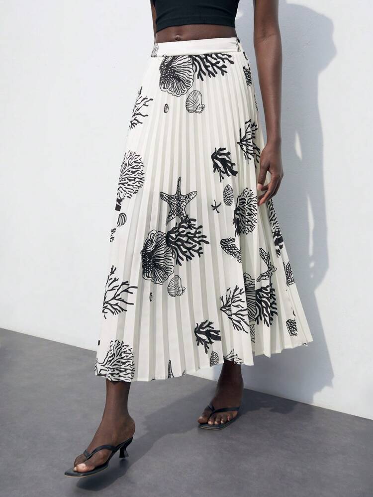 SHEIN Maija Women's Ocean Themed B&W Graphic Print Pleated Midi Skirt