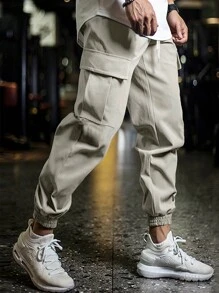Manfinity Homme Hombres Pantalones cargo con bolsillo con solapa de cintura con cordón - Caqui - Ver 5