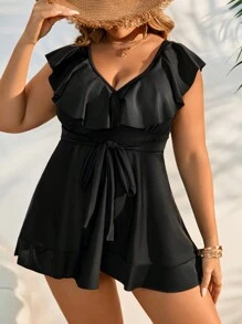 SHEIN Swim Curve Plus Size Women's Solid Color Simple Daily Swimsuit Dress