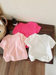 SHEIN 3 pièces T-shirts graphiques décontractés à manches courtes et col rond pour bébés filles, blanc + rose clair + rose, convient pour l'été