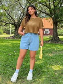 SHEIN EZwear Plus Size Women's Summer Solid Color Round Neck Short Sleeve T-Shirt With Frill Trim - Brown - View 3