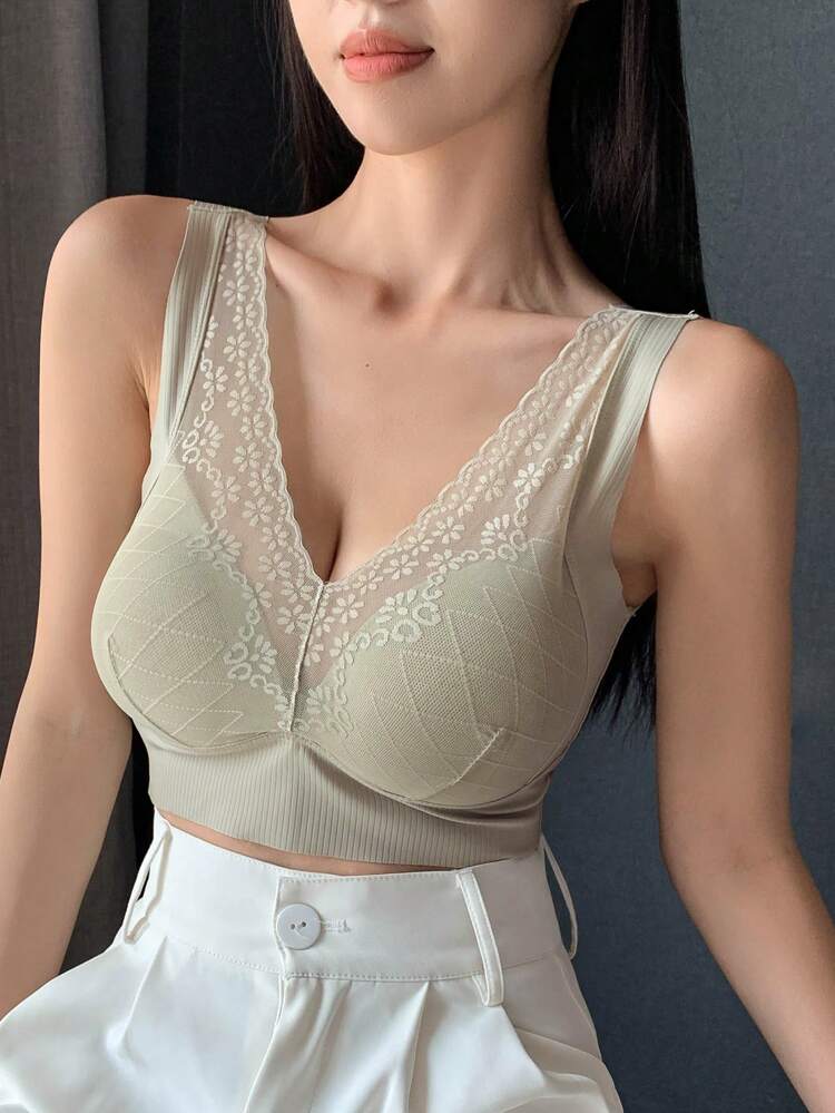 Women's Lace Splicing Wireless Bra, Push-Up And Reduce Visual Perception Of Large Bust Lingerie For Women