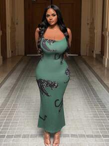 Slaydiva Elegant Metal Chain Suspender Decorated Straight Collar All-Over Dark Green Tiger Print Pattern Tight Long Dress Women's Dress-H